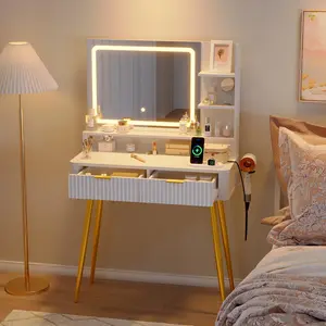 OUTGOODS 31-in Fluted LED Makeup Vanity Desk, Mid-Century Modern Dressing Table with Mirror, Lights (3 Color Modes), Storage Cabinet & 2 Drawers for Bedroom Women, Fluted Vanity Desk, Led Vanity Table