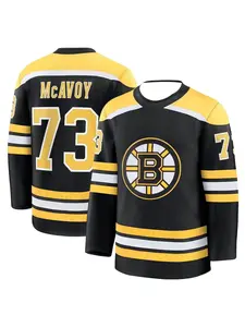 Hockey Jersey - Black with Yellow/White Accents "McAvoy 73" Classic "B" Logo 2026 New Racing-Style Long Sleeve T-Shirt|extreme Men's and Women's T-shirt Breathable Quick Drying Summer Casual Sports Fashion Top