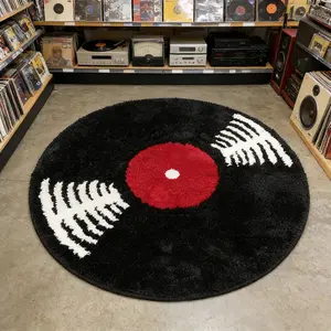 Round Vinyl Record Pattern Carpet Mat, Modern Creative Fashion Street Art Rug, Decorative Area Rug, Washable Plush Home Decor for Living Room Bedroom