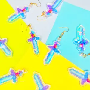 Holographic Video Game Inspired Diamond Enchanted Sword Earrings