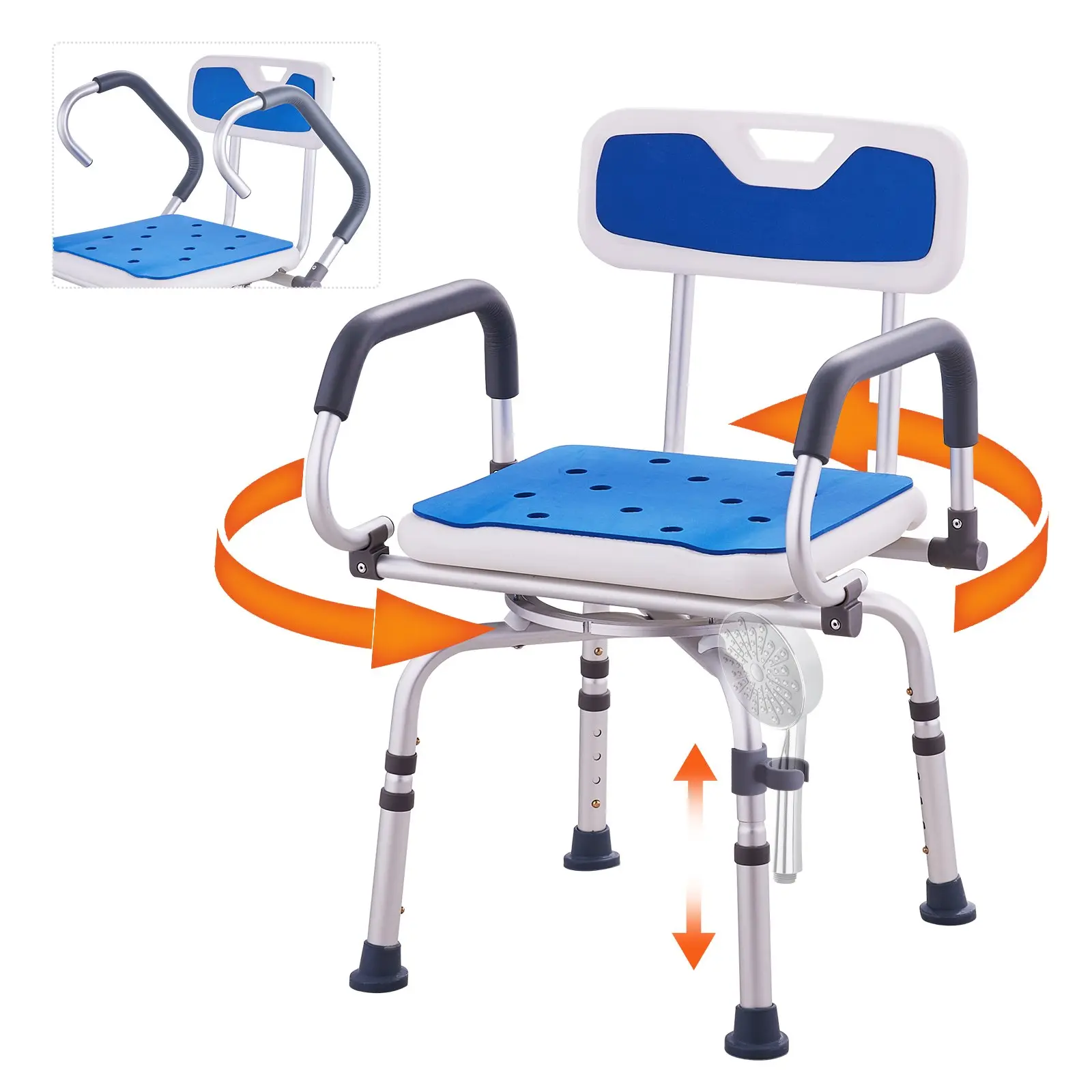 【Summerfinds】VEVOR Non-Slip Shower Chair 360° Swivel Bathtub Shower Stool with Pivoting Arms & Padded Seat and BackHeight Adjustable Rotating Bathtub Shower Seat for Elderly DisabledMax 500LBS Capacity