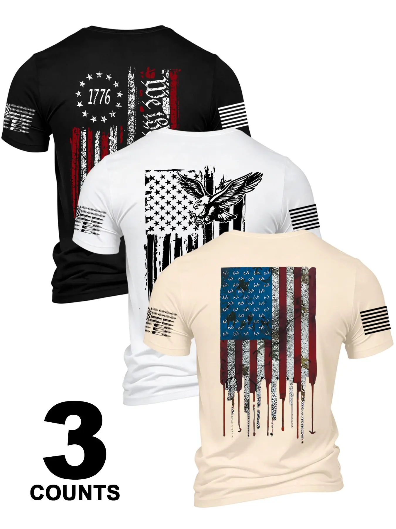 3-Piece American Patriotic Men's Short Sleeve Crew Neck T-Shirts, Comfortable, Durable, Casual Streetwear Graphic Tees for Daily Wear, Perfect Gift for Him