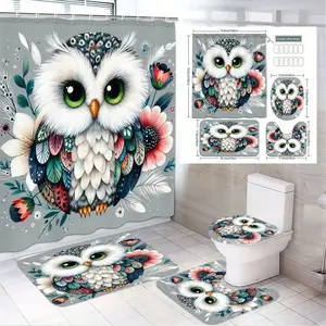 1/4pcs Whimsical Boho Owl Bathroom Set - Soft Grey Shower Curtain Sets with Colorful Folk-Art Floral Design, Matching Toilet Lid Cover, Cozy Bath Mats, Perfect for Autumn Decor and Nature-Inspired Spaces