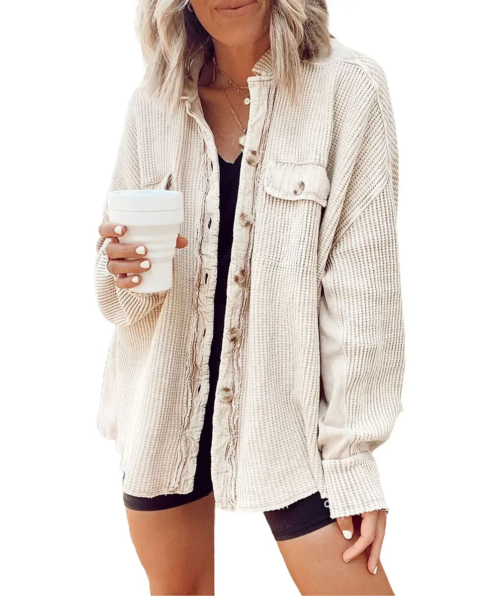 Ebossy Womens Long Batwing Sleeve Splicing Cardigan Lightweight Waffle Textured Boyfriend Shirt Jacket Shacket