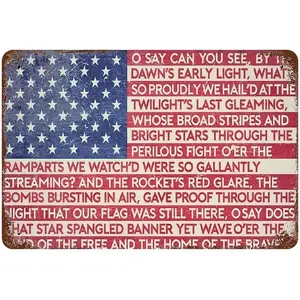 Patriotic USA American Flag With National Anthem Metal Tin Sign Wall Decor For Home Man Cave Office Garage Bar Pro-American Gift For US Military Veterans