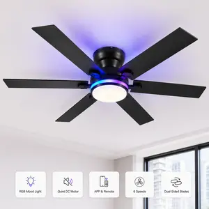 【Mother's Day】52" RGB Ceiling Fan with LED Lights & Remote APP Black Low Profile Quiet DC Motor 6 Reversible Blades 3CCT Modern Flush Mount for Bedroom Kids Room-8900