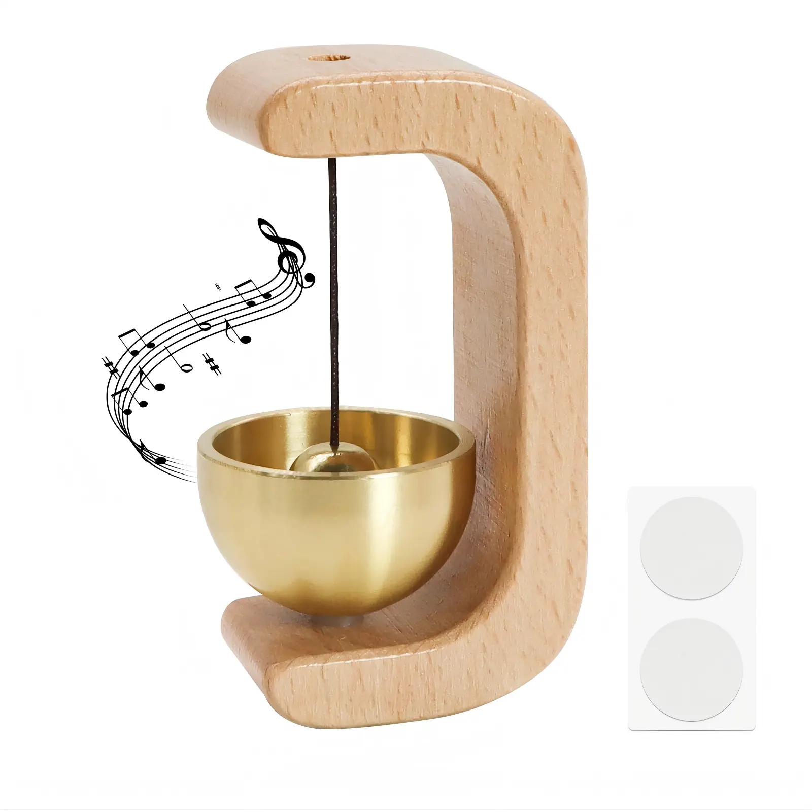 1-Piece Beech Wood Frame Magnetic C-Shaped Bell with Brass Wind Chime, Compact Design, Dual-Way Easy Mounting (Self-Adhesive Included), Lightweight Bells and Chimes for Outdoor Porch Garden Decor, Ideal for Housewarming Gifts