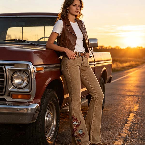 Vintage Embroidered Flare Jeans for Women, Western Style Slim Fit Casual Denim Pants