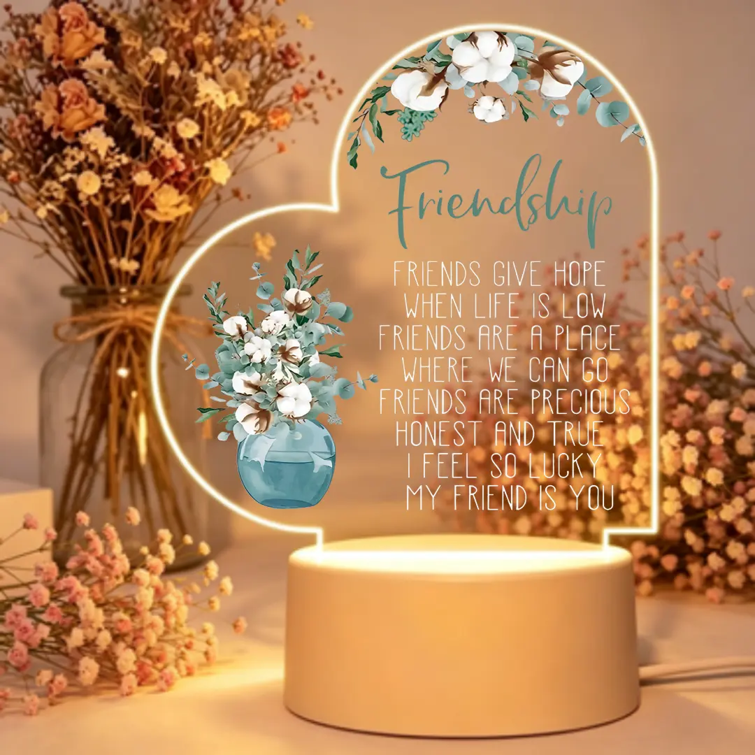 Acrylic Friendship Heart Night Light - Eucalyptus & Cotton Floral Engraved, USB-Power LED Lamp, Warm Glow, Unique & Sentimental Gifts for Best Friend, Bedroom Decor, Unique Gifts
