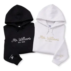Embroidered Mr & Mrs Hoodies with Custom on Sleeve – Personalized Couple Matching Hoodies With Name Date, Valentine Day