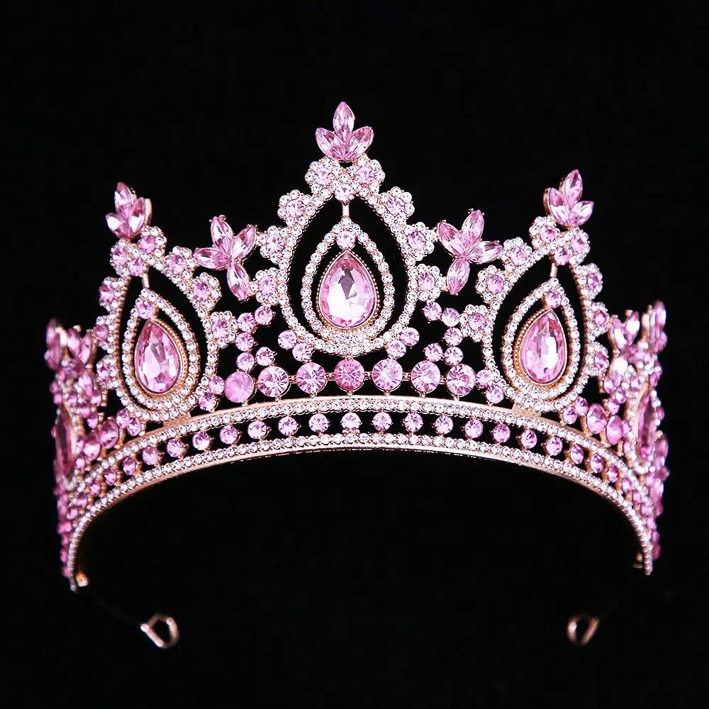 KMVEXO Vintage Baroque Water Drop Fairy Crowns Pink Crystal Elf Tiaras Bandana Hair Accessories for Women Costume Hair Jewelry