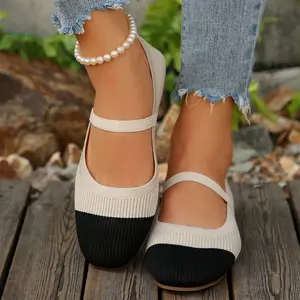 Women's Casual Knit Flats Style, Color Block Pattern Ballet Shoes Breathable Knitted Shoes