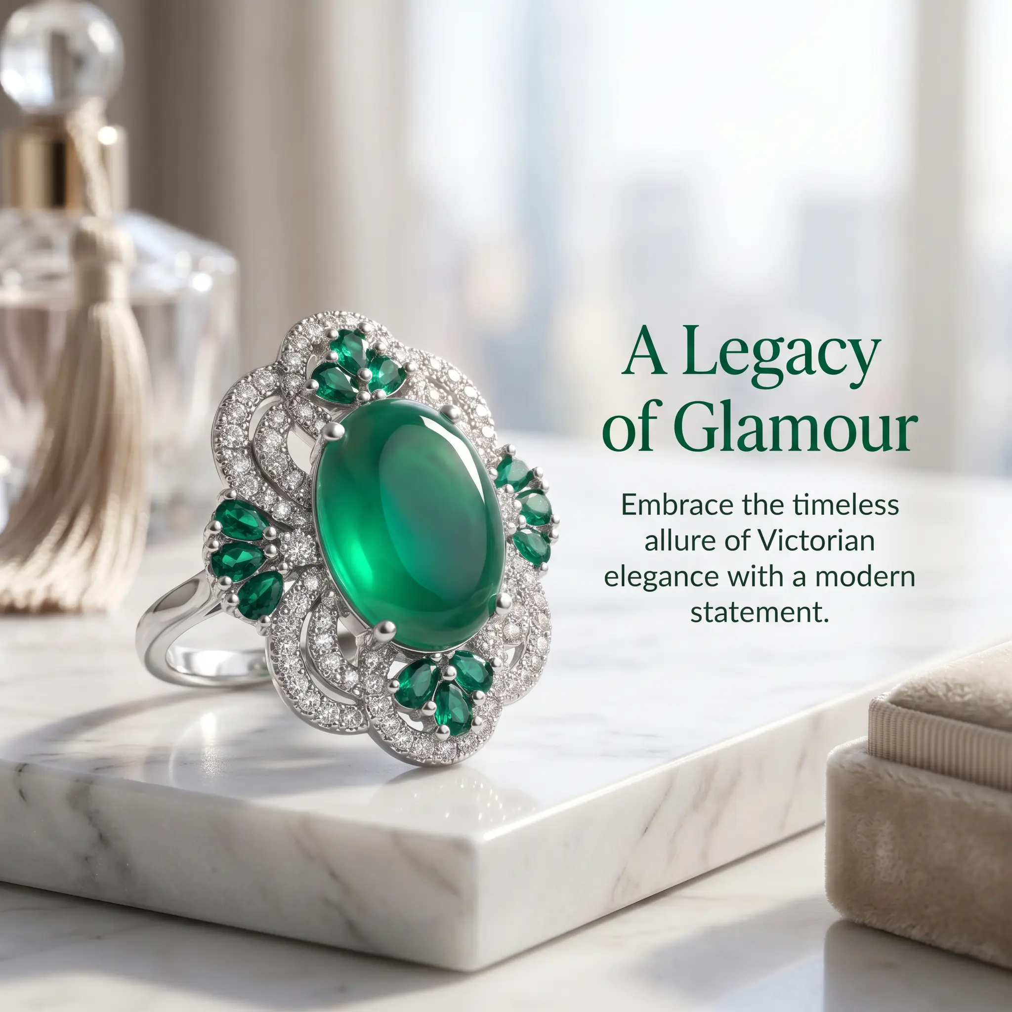 Women's Victorian Cocktail Ring in 925 Sterling Silver with a Large Oval Green Onyx, Lab Emerald Accents, Filigree and Cubic Zirconia Pavé Halo, Female, Evening, Oval Stone, Cabochon Green Onyx