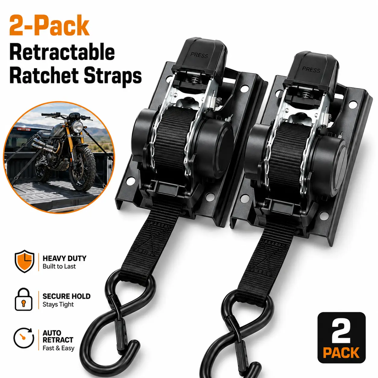 【CARHOME】2-Pack Retractable Ratchet Straps for 2015–2026 Ford F-150, 1" x 10' Heavy-Duty Self-Retracting Tie-Down Straps, Carbon Steel, 1,500 lb Break Strength, No-Drill Truck Bed Cargo Straps, All-Weather Hauling Accessories, Green