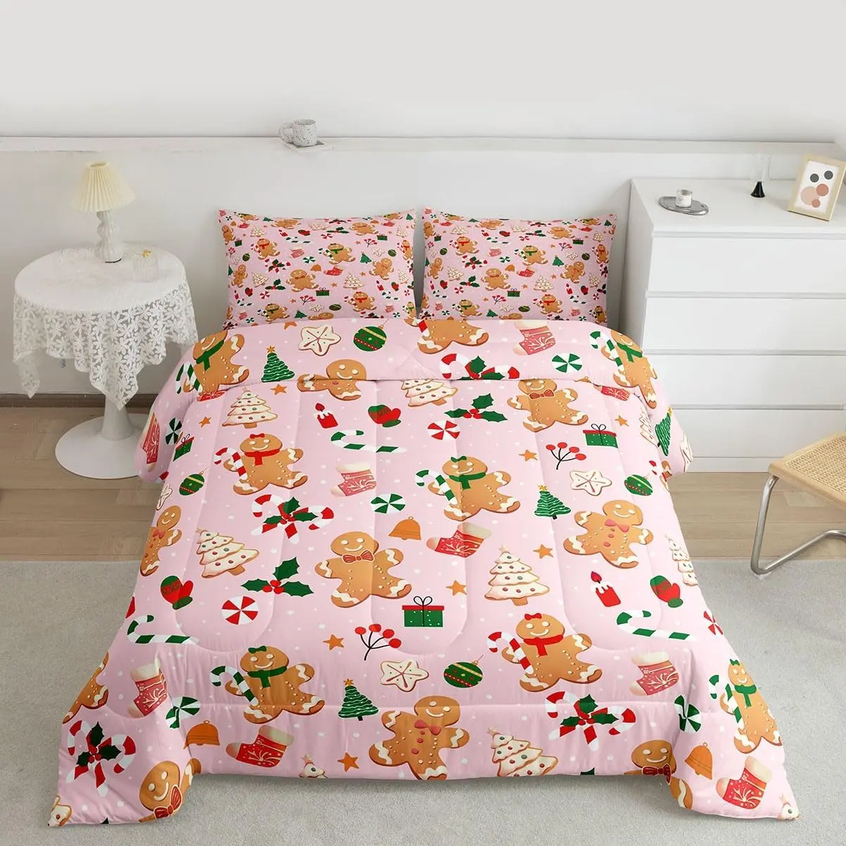 Merry Xmas Comforter Set Christmas Tree Bedding Set for Kids Boys Girls Gingerbread Man Duvet Quilt Pink Bedroom Decor