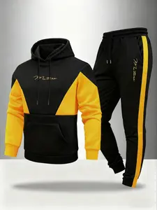 Men's Long Sleeve Pants Set, Patchwork Embroidered Letter Pattern, Hoodie + Sporty Pants Casual Style, Comfortable Fashion, Streetwear Tracksuit Set