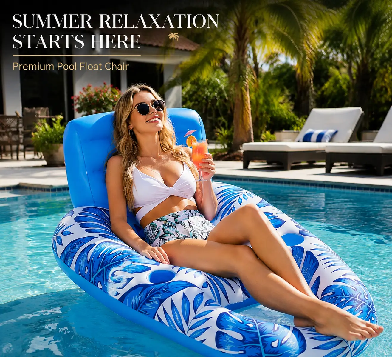 Inflatable Pool Sofa for Adults with Cup Holder, Comfortable Pool Float Chair with Backrest & Armrests, Floating Lounge Couch for Swimming Pool, Beach, Lake and Summer Relaxation