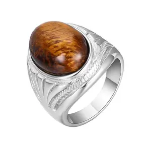 Mens Stainless Steel Natural Tiger Eye Stone Ring For Men Size 7 8 9-15 R33