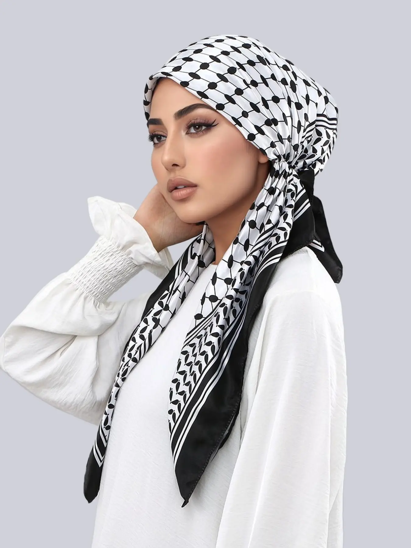 Classic Checkered Satin Silk Hijab Scarf, Head Scarves, Versatile Headscarf, Elegant Ready-To-Wear Casual Hijab for Women, Breathable Beach Hijab, Sleep Cap, Muslim Fashion