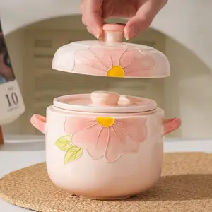 Cherry Blossom Pattern Ceramic Covered Steamer Pot, 600ML Capacity, Elegant Dual Lid Soup Bowl, Ideal Gift for Kitchen and Restaurants