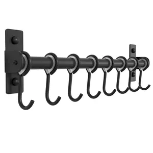 Kitchen Utensil Holder Hanger, Pot and Pan Rack Wall Mount, Kitchen Rail with 8 Hooks for Hanging Cooking Utensils, Mugs, Spoons, Wall Mounted, Stainless Steel, Black