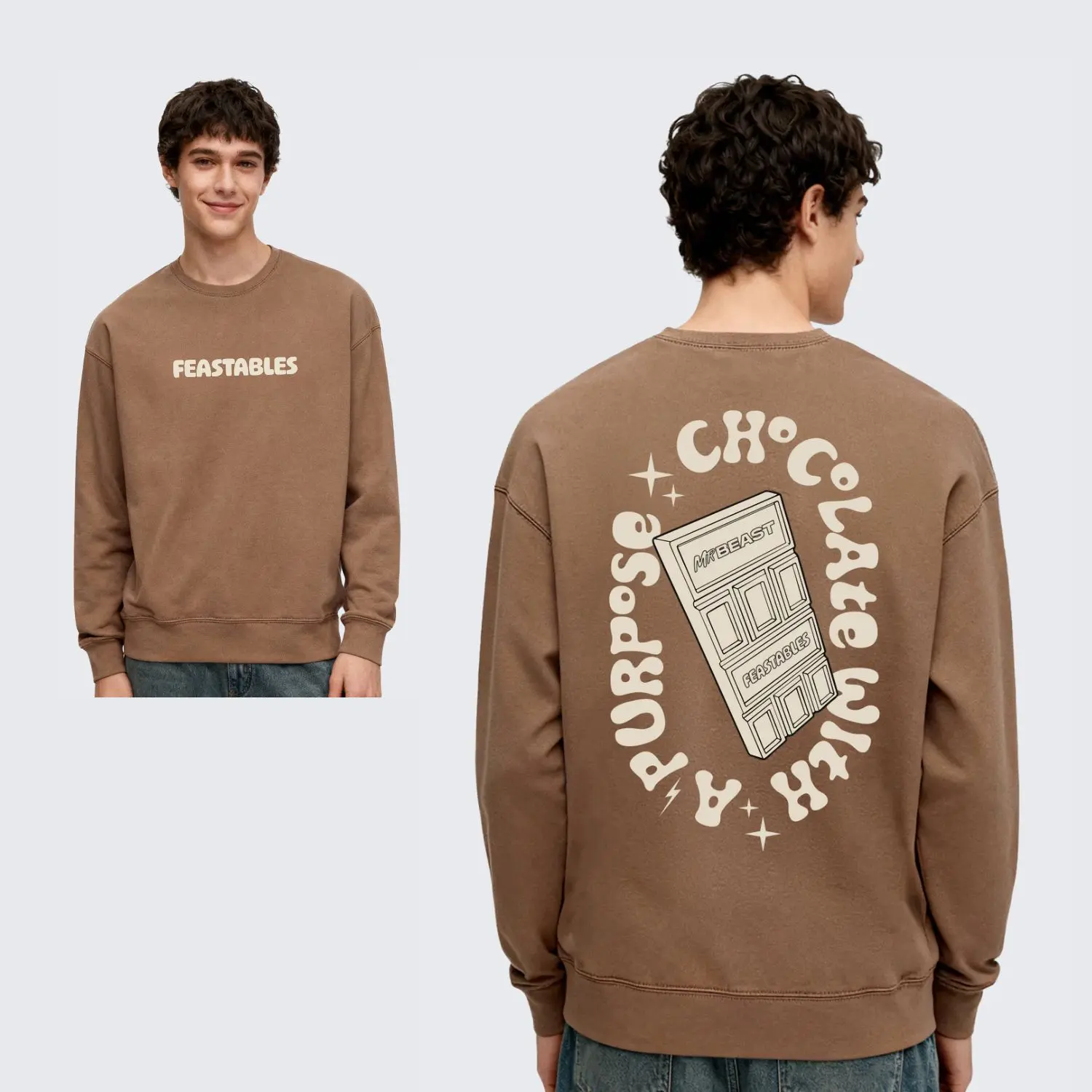 Feastables by MrBeast Retro Crewneck Sweatshirt - Vintage Brown - Graphic Print Sweatshirt Pullover Long Sleeve Hoodie Classic Relaxed Fit
