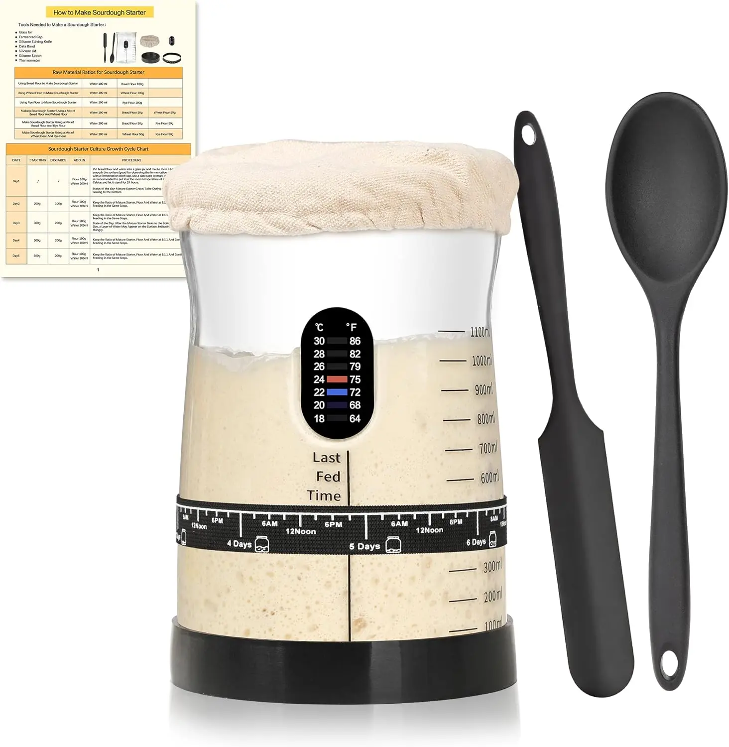 COCO BIRD 50 oz Sourdough Starter Jar Kit, Wide-Mouth Glass Jar with Thermometer, Date Band, Airtight Lid & 17 Recipes