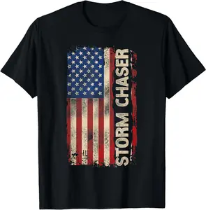 Unisex，Storm Chaser Hurricane Meteorology Tornado Usa American Flag T-Shirt for Women Men Casual Menswear Soft Top