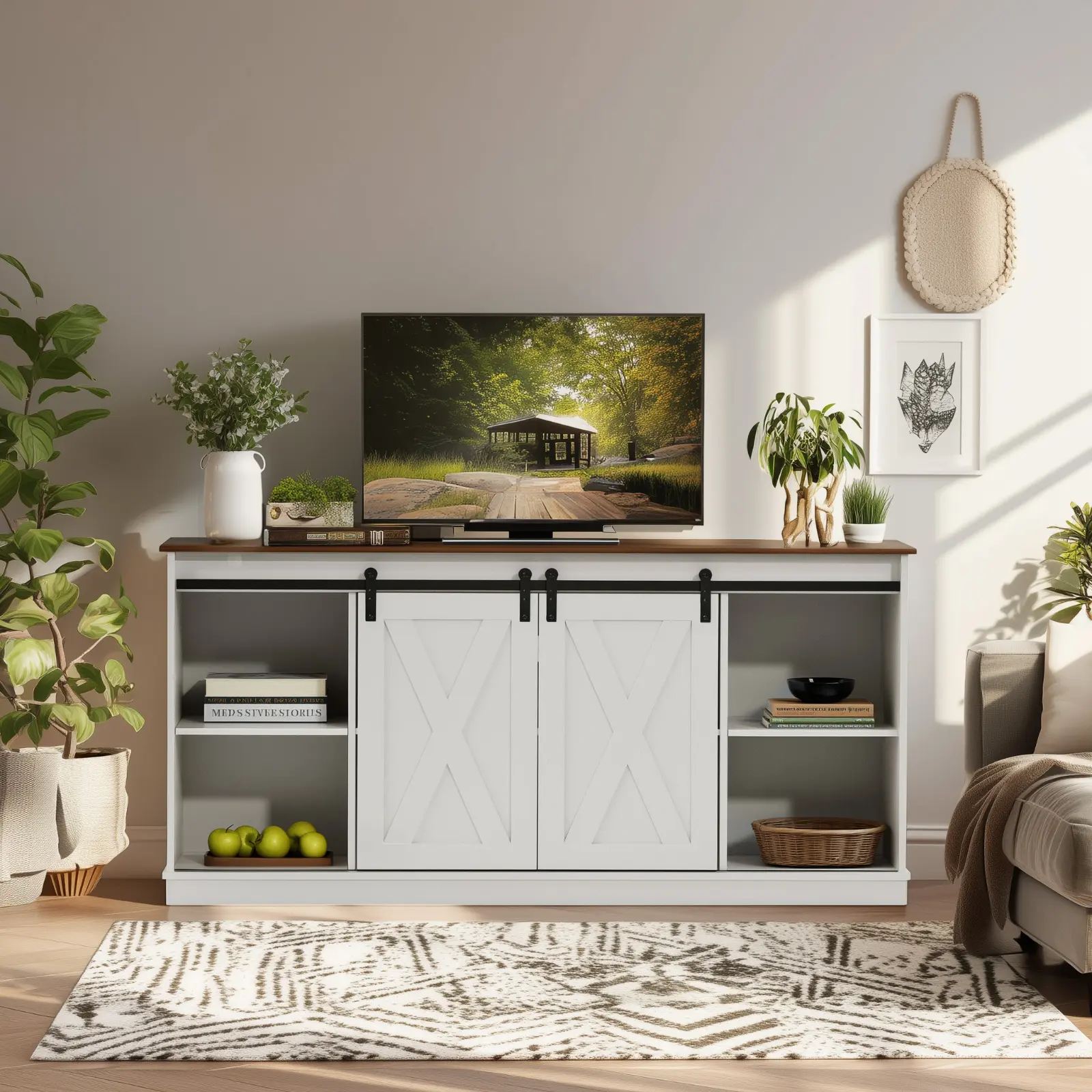 65-inch Durable Engineered Wood TV Cabinet - Pre-Assembled Family-Friendly Indoor Living Room Furniture, Waterproof Space-Saving Storage with Double-Layer Space, Sliding Door, Drawers, Adjustable, Brown/White for French Country Decor (Over 25 kg)