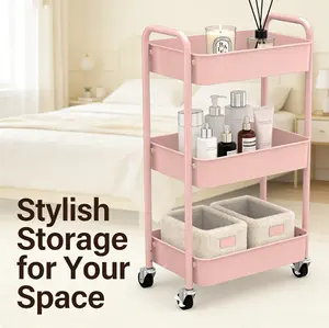 3-Tier Rolling Metal Storage Organizer Mobile Utility Cart with Caster Wheels Pink Blade Stand Durable Powder-Coated Steel Frames Mesh Baskets Easy Installation shoe rack