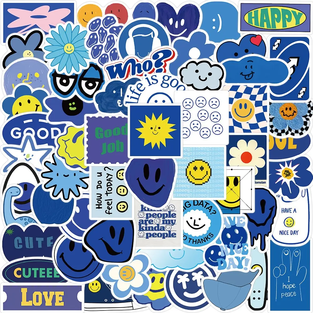 59PCS Blue Smile Emoji Graffiti Stickers For Luggage Phone Case Laptop Notebook Decals