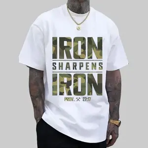CMBT Men'S Oversized 100% Cotton Graphic T-Shirt - "IRON SHARPENS IRON" & Proverbs 27:17 Bible Verse Design, Geometric Print Casual Streetwear Tee, Breathable Summer Top, Machine Washable, Summer Fashion |       Camouflage Pattern |       Durable Fabric.