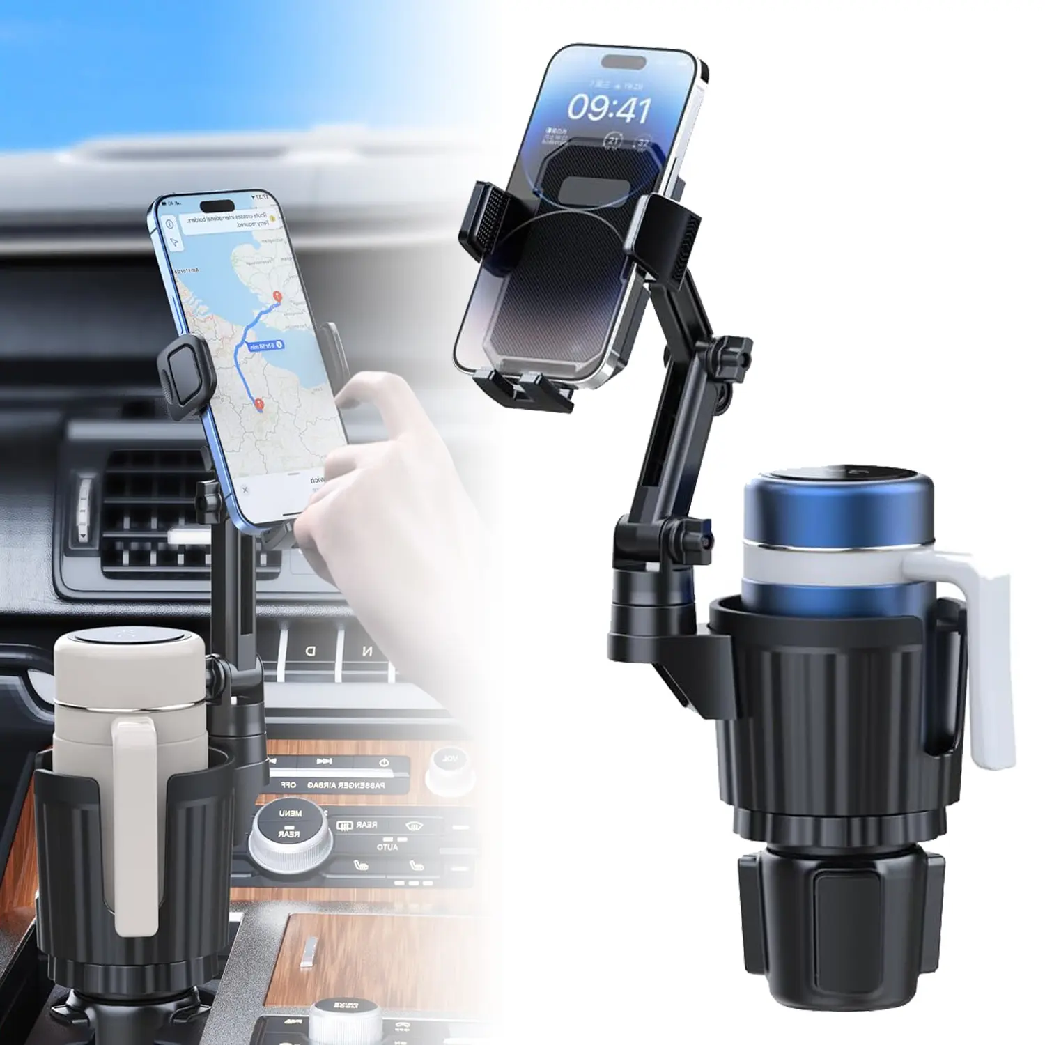 2 in 1 Car Cup Holder & 360° Rotating Mobile Phone Holder Cup Holder Expander Fits Bottles or Coffee Cups With a Diameter of Within 2.8 inches Adjustable Insert Base of 2.5-3.9 inches