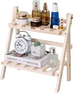 2-Layer Durable Rectangle Wooden Foldable Ladder Plant Stand, Decorative Desktop Shelf Organizer Rack with Display Risers (DIY, L 13.3 x H 13.8 x D 7.1 in) – Room Accessories for Home Organization
