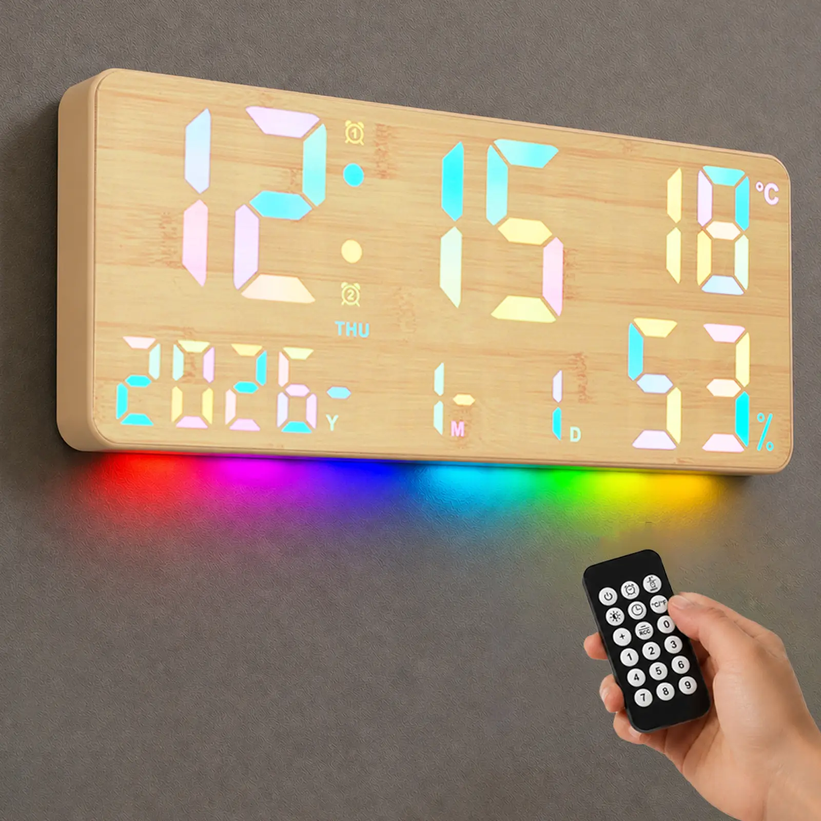 Pacilack 14.6in Square Digital Wall Clock - Faux Wood Grain, Faux Linen Style, Remote Control, Dual Alarms, Big LED Display, 12 RGB Modes, Night Light, Humidity Monitor, Date, Week, Temperature - Home Decor Gift for Bedrooms, Seniors, Digital Clock