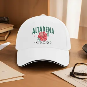 Powerful California Supports Alta Dena Baseball Cap - White Casual Dad Hat, Green Text Red Rose Design, Breathable Unisex Headwear, Community Pride Durable Hat