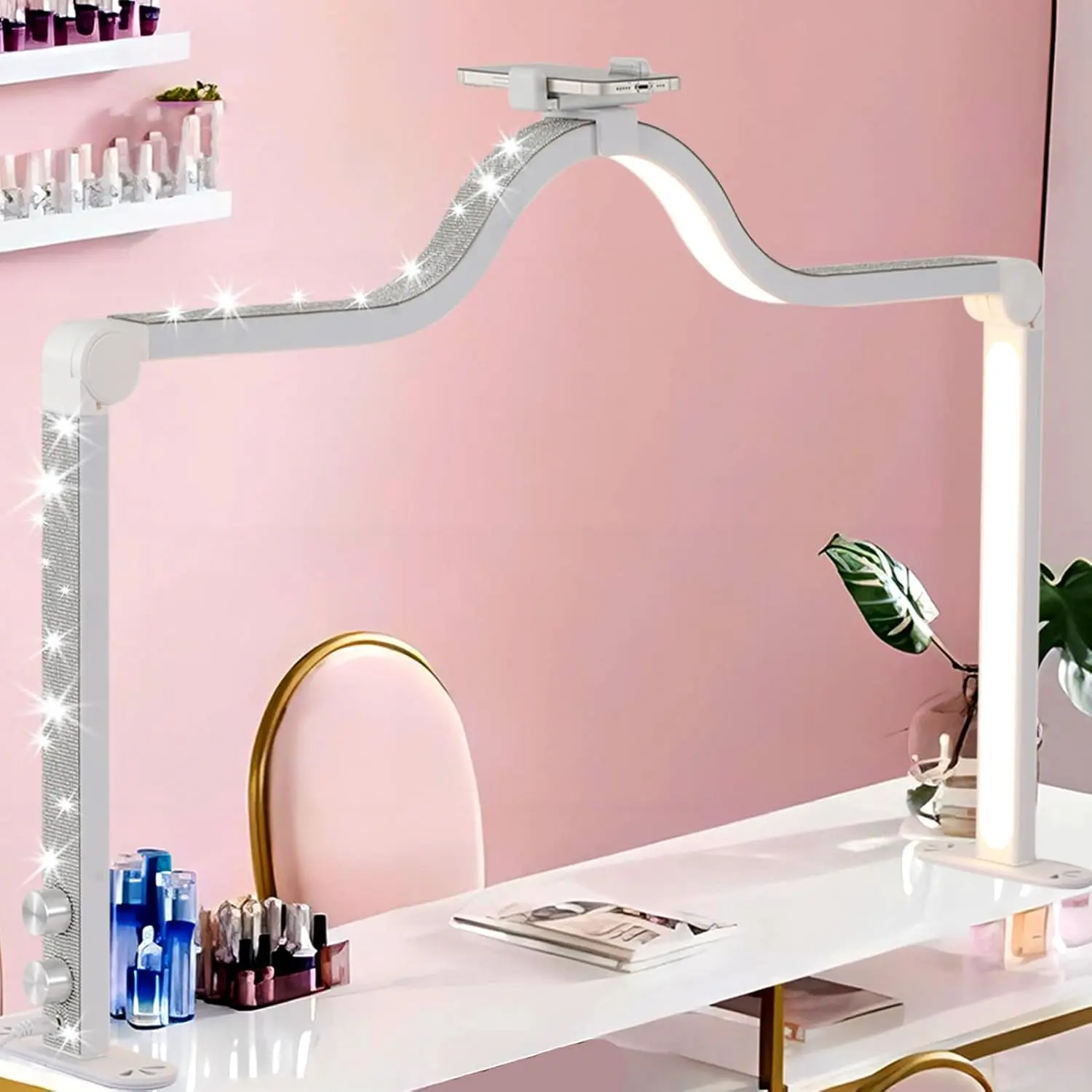 Upgraded Knob type Nail Tech Lamp for Desk, 34 in Foldable Large Nail Light with Phone Holder, 2 Modes 3000K-6000K LED Manicure Lamp, Half Moon Light for Lash Eyelash Extension, Tattoo, Eyebrows