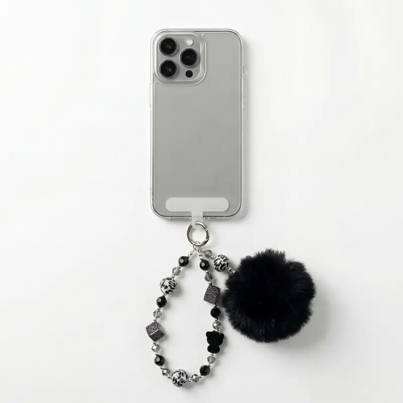 Minimalist Phone Charm Strap with Beads & Plush Pom – Cute Wrist Lanyard Keychain for Phone Case, Stylish Daily Accessory