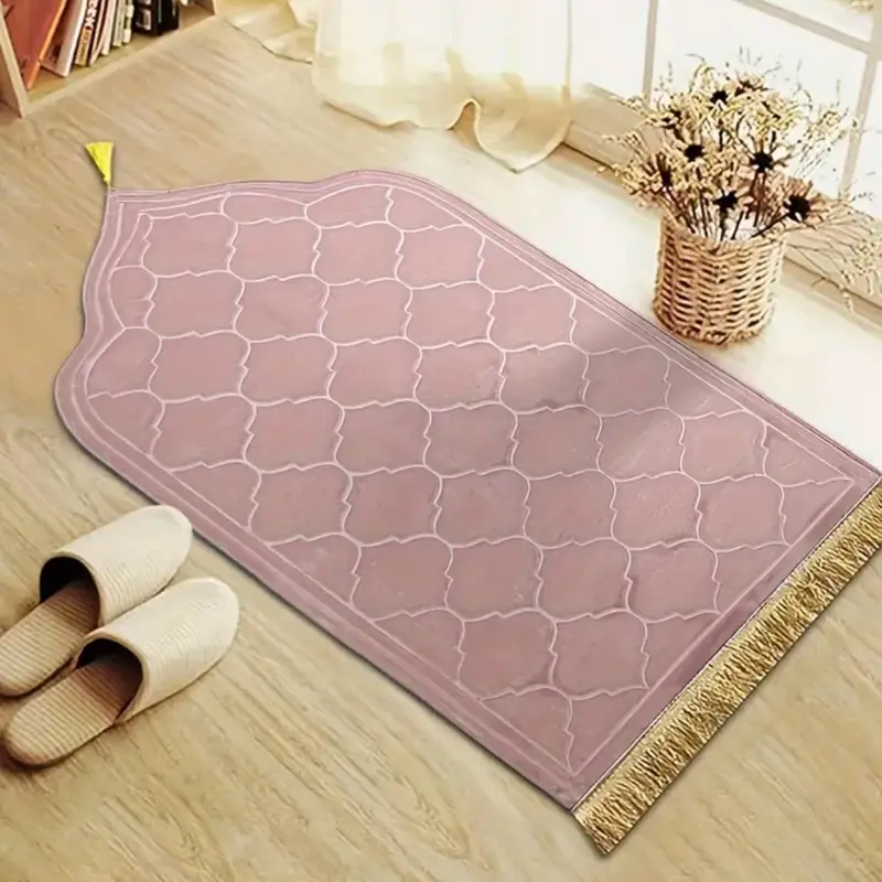 Pink Soft Non-Slip Velvet Prayer Mat - Black/Pink with Gold Trim, Ideal for Prayer and Comfort