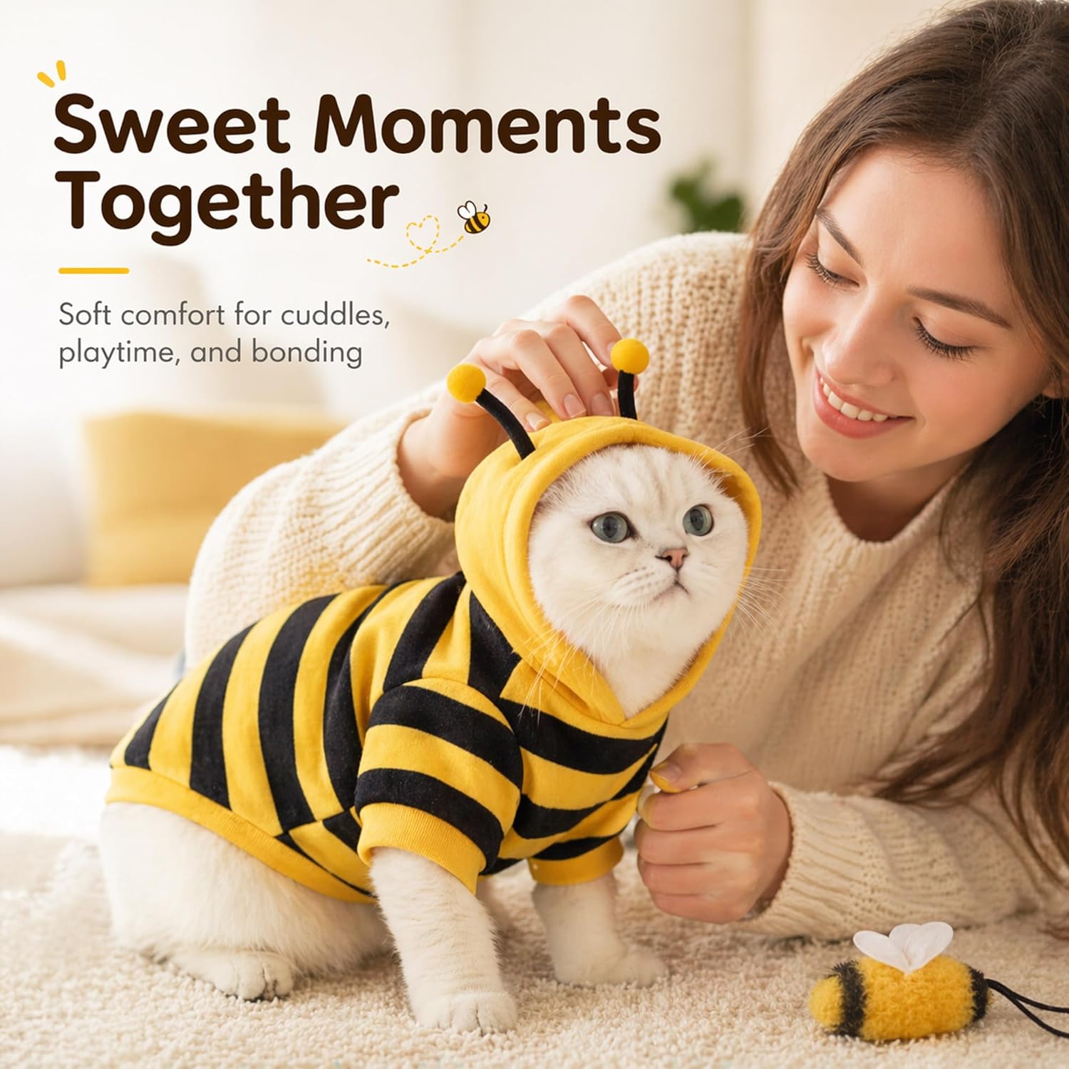 Halloween Cat Bee Costume for Cats & Small Dogs, Bumble Bee Pet Costume, Soft Fleece Hoodie with Antennae, Funny Pet Halloween Costume, Puppy & Kitten Outfit, Pet Photo Prop