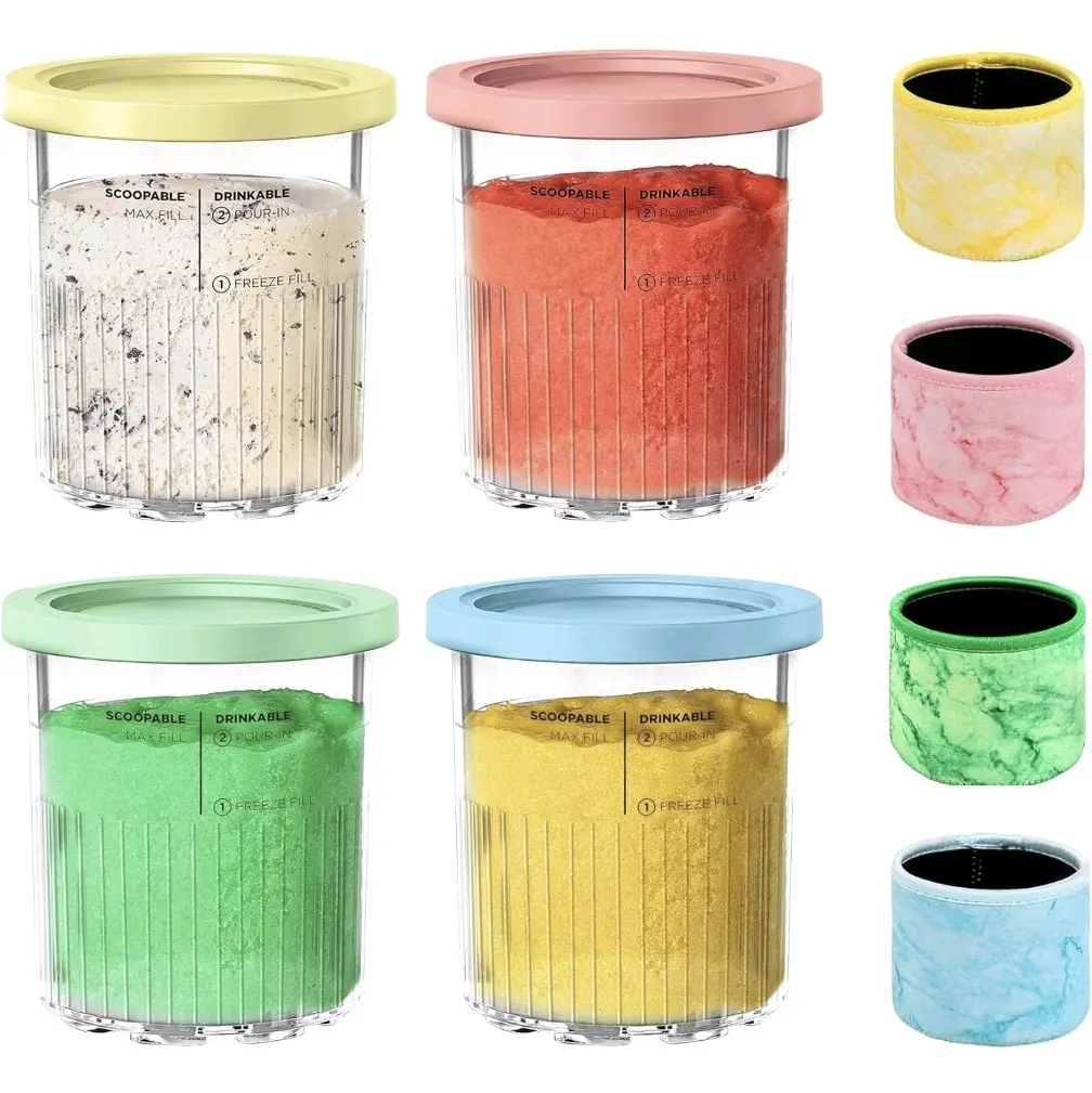 4-Pack Ice Cream Neoprene Sleeve 16 or 24oz, Ninja Creami Accessories, Reusable Insulated Sleeves for NC301, NC300, NC501, NC500 Series Deluxe Ice Cream Maker w/ or w/o  replacement containers, pint  Yellow Blue Pink & Green Kitchen Desserts Insulation, U