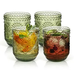 Vintage Glasses Drinking Set of 4, Juice Glasses, 12oz Vintage Wine Glasses with Sunflower Design, Embossed Floral Green Glassware for Cocktail, Beer, Wine, Whiskey, Water & Juice Drinkware