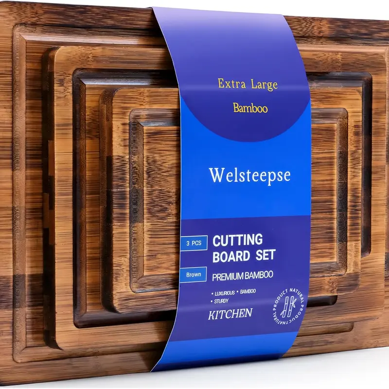 WELSTEEPSE 3-Piece 100% Bamboo Anti-Scratch Chopping Boards Set - Rectangular, Deep Carbonized, Antibacterial, Non-Toxic, Durable, Juice Groove, Raised Edges, Portable Utensils, 3 Boards for Prep, Cook, Serve, Kitchen Accessories