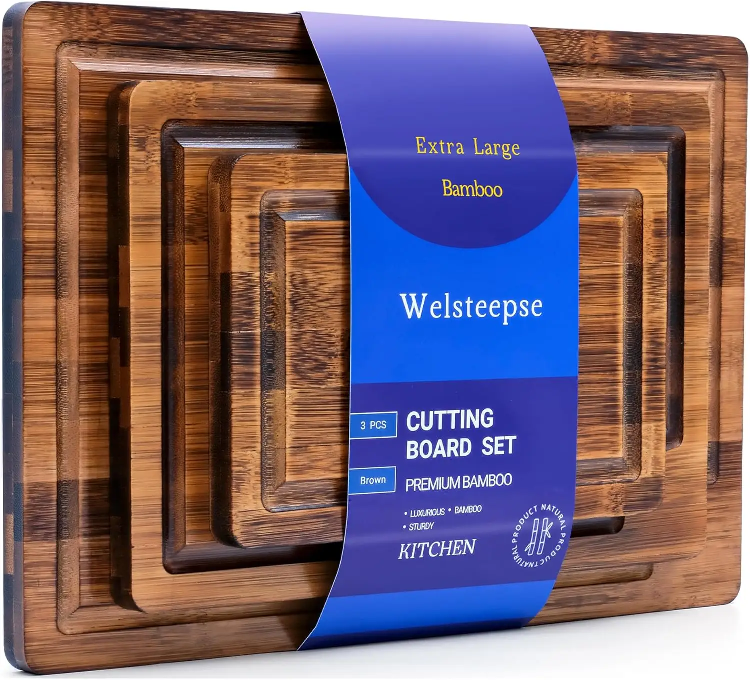 Welsteepse 3-Piece Bamboo Cutting Boards Set - Organic Craft Joint Pattern Durable Sturdy with Juice Groove for Meat Fruit Vegetables Cheese Knives Ki