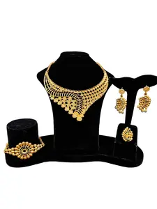 Elegant 24k Imitation Women's Jewelry Set, Four-Piece Fashion Necklace Earrings Bracelet Ring Set, Ethnic Style Jewelry, Wedding Set Earrings, Matching Jewelry Set