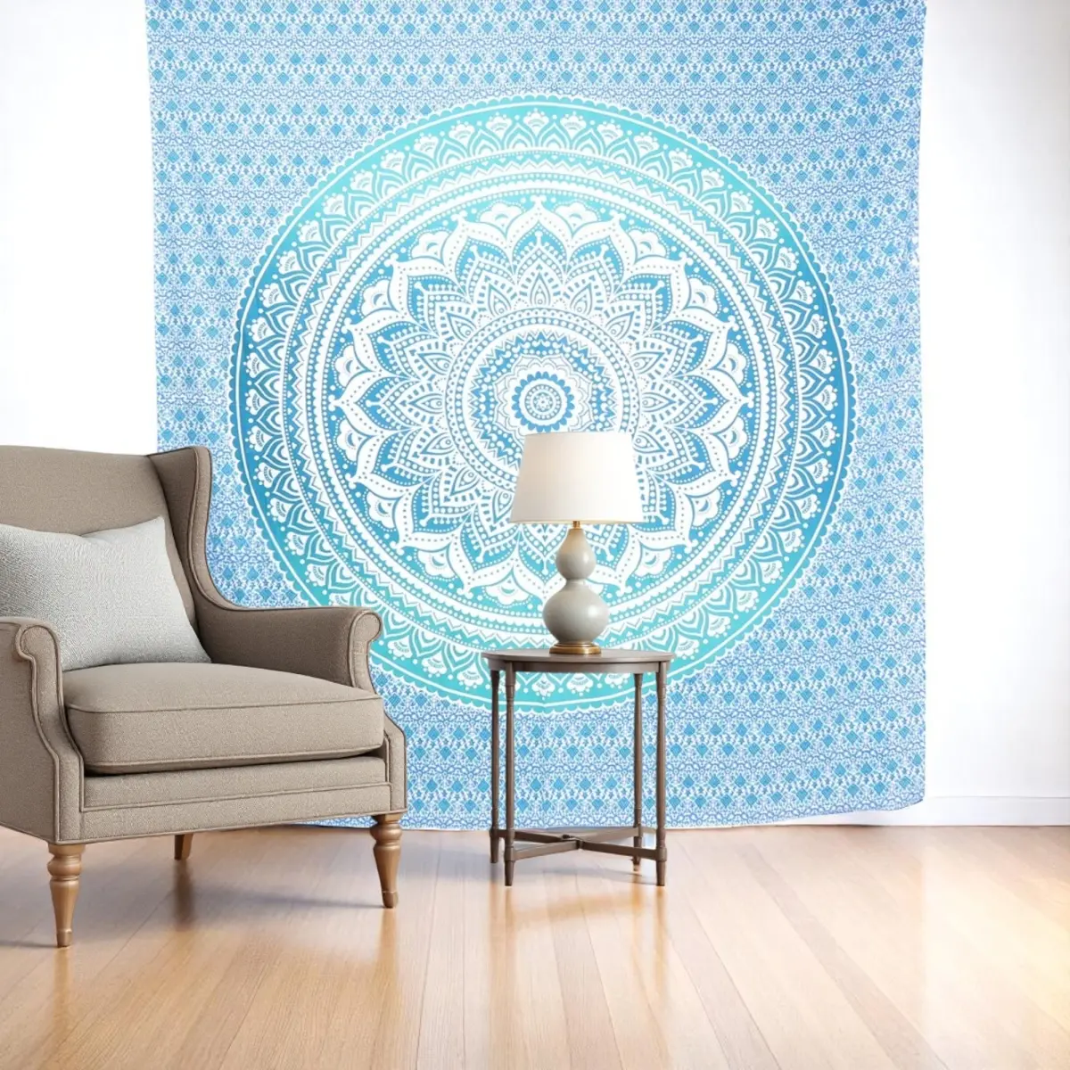 360 Stand Handmade Bohemian Aesthetic Sea Green & White Mandala Cotton Hanging Tapestry, 92x84in Wall Decor for Tapestry Room, Indoor-Outdoor Home Supplies (Model 397398), Tapestry Room Decor