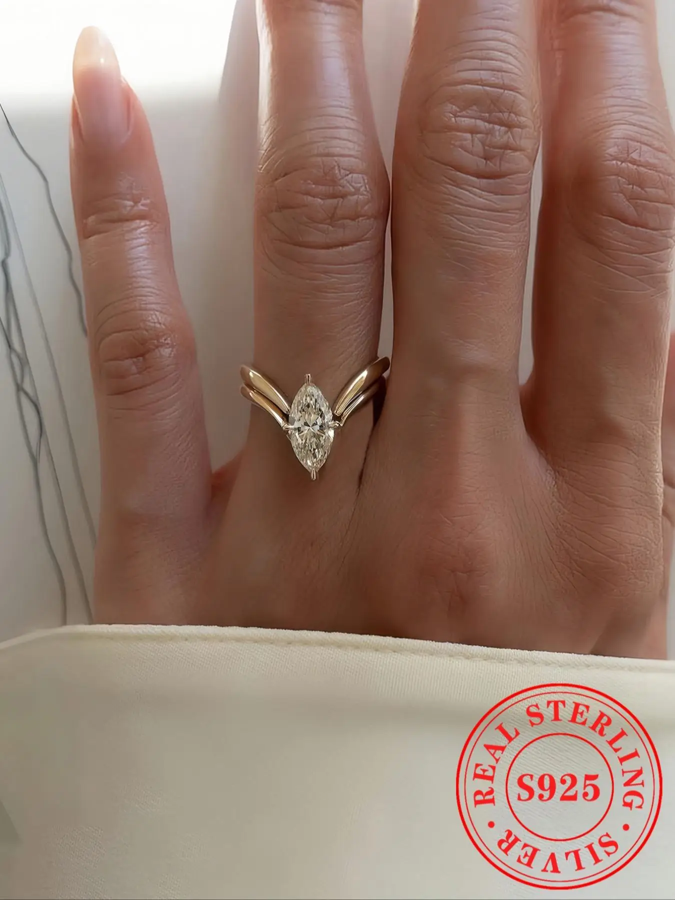 S925 Sterling Silver Fashion V-shaped Olive Shaped Ring, Stackable Ring for Women, Fashion Jewelry for Party, Daily Decor, Trendy All-match & Exquisit