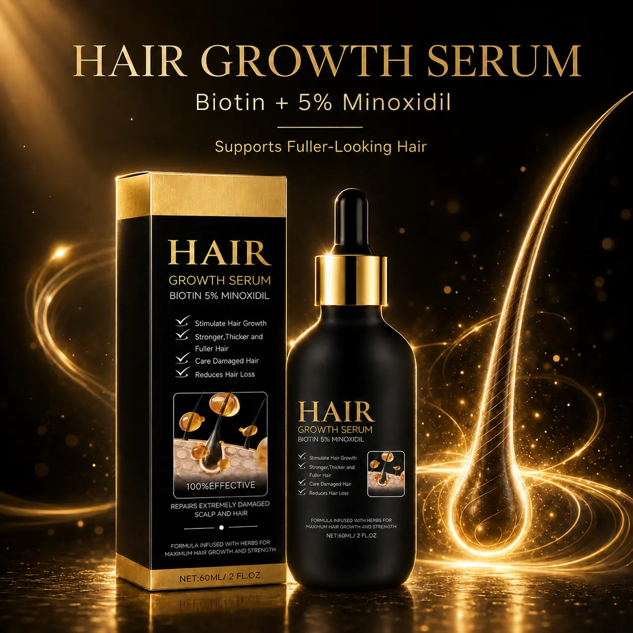 5% Minoxidil Hair Growth Serum with Biotin - Lightweight Growth Tonic for Thinning Hair Repair and a Shinier Look - Scalp Treatment for Men & Women, 60ml, Nourishing Hair Treatment