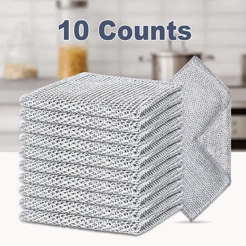 10-Count Silver Wire Mesh Diamond Grid Cleaning Cloths, Heavy-Duty Reusable All-Purpose Multi-Use Rags, 7.87x7.87in Non-Scratch, Abrasive-Resistant, Oil-Absorbent, Water-Retentive, Washable for Kitchen Sinks-Pots-Pans, Wet-Dry Use