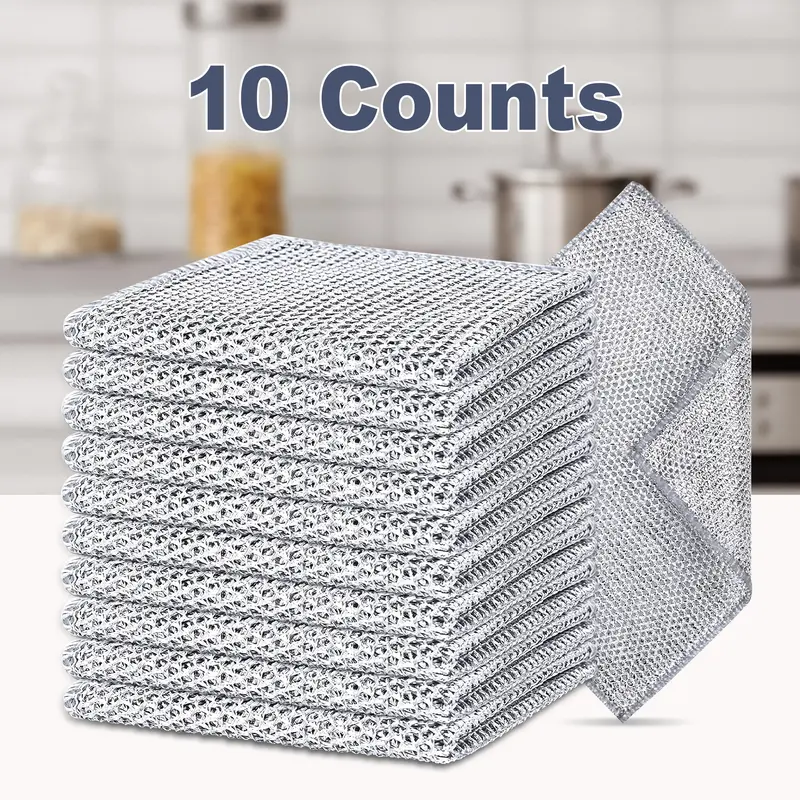 10-Count Silver Wire Mesh Diamond Grid Cleaning Cloths, Heavy-Duty Reusable All-Purpose Multi-Use Rags, 7.87x7.87in Non-Scratch, Abrasive-Resistant, Oil-Absorbent, Water-Retentive, Washable for Kitchen Sinks-Pots-Pans, Wet-Dry Use